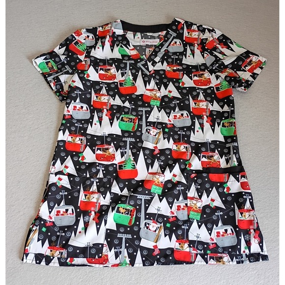 White Cross Tops - White Cross Medical Scrub Top Women's Size XS Christmas Cartoon Reindeer Holiday